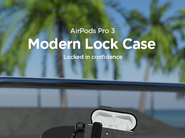 Sleek AirPods Pro 3 case with secure locking lid and modern minimalist design