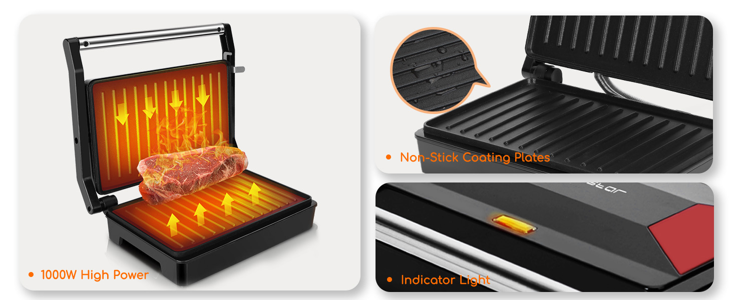 Panini Press Grill, Sandwich Maker with Non-Stick Coating Plates, 1000W High Power, Indicator Light