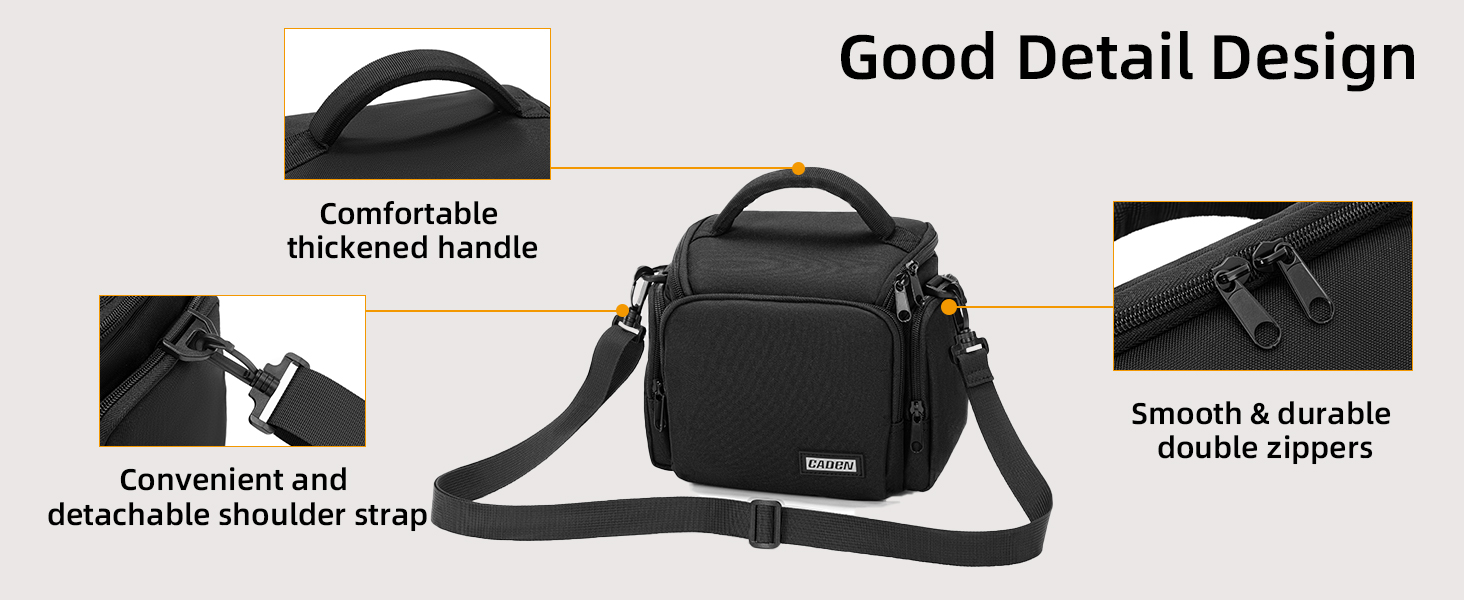 Text reads: 'Good Detail Design', 'Comfortable thickened handle', 'Convenient and detachable shoulder strap', 'Smooth &amp; durable double zipper'. Black camera bag with features labeled.