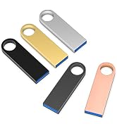 Five metallic USB flash drives in different colors: black, gold, silver, dark gray, and rose gold. Each has a slim, rectangular design with a circular hole at one end and a blue USB connector visible.