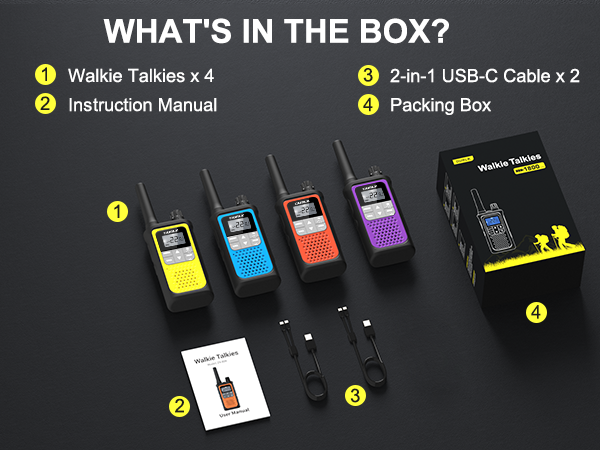 The package includes 4 rechargeable walkie talkies charging cables instructions and box