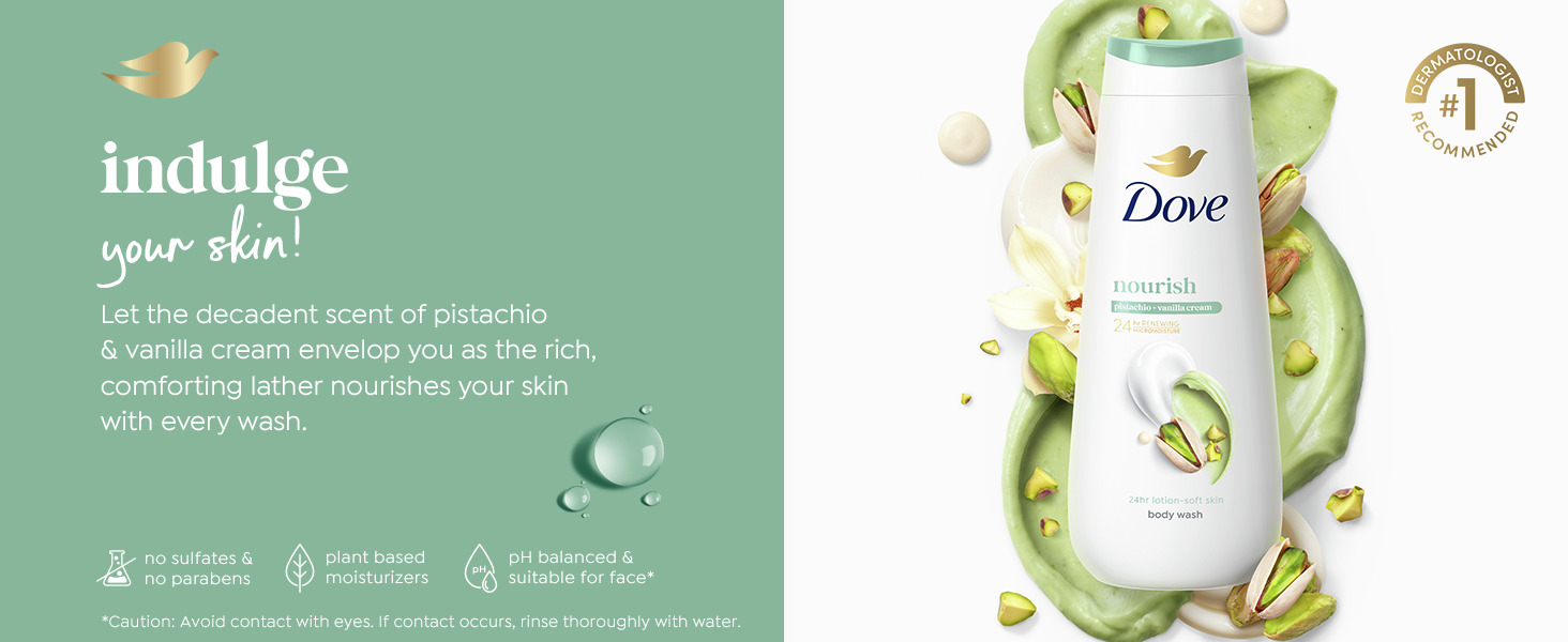 Dove body wash with pistaschio on white backdrop.