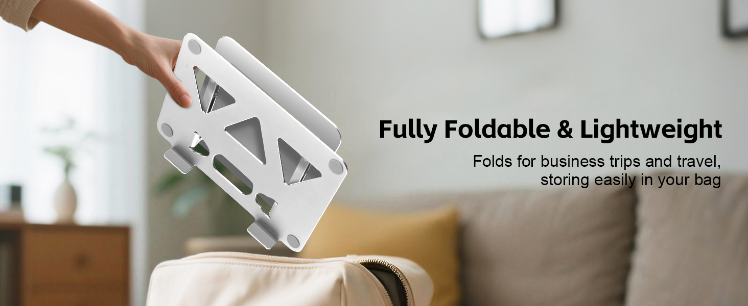 Foldable laptop stand collapses compactly for travel, storage and portable everyday use