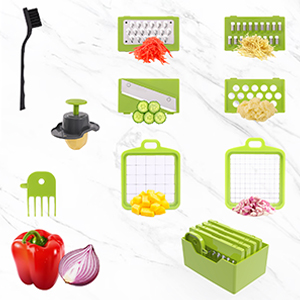 RüK Chopper has all the accessories needed to grate and chop fruits and vegetables.
