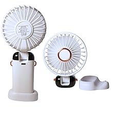 White fan displaying two different positions of operation with base on the side