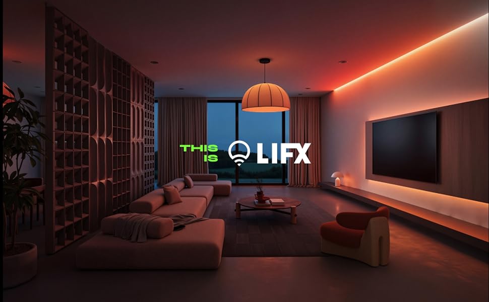 Warm LIFX lighting a living room with LIFX logo.
