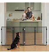 COMOMY 80" Free Standing Dog Gate with Door, Foldable Dog Fence for Indoor &amp; Outdoor, 4 Metal Pan...