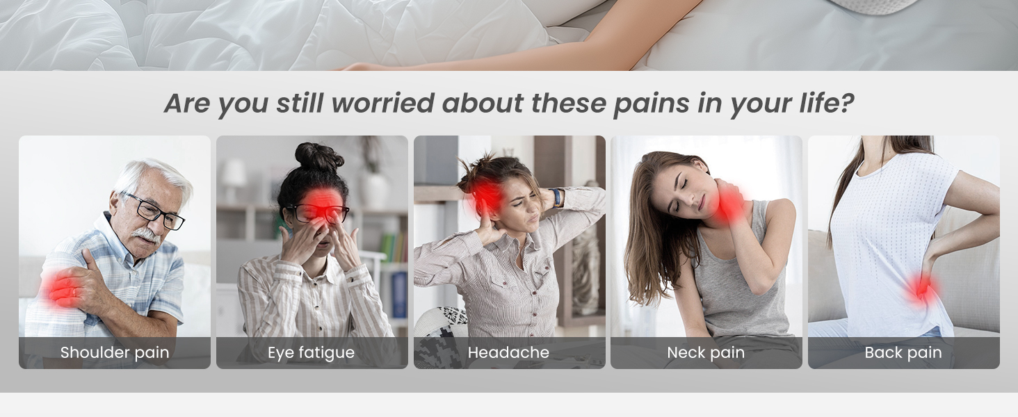 Infographic showing five common pain areas: shoulder pain, eye fatigue, headache, neck pain, and back pain. Each condition is illustrated with a person experiencing discomfort in the respective area.