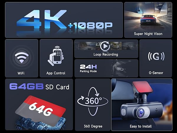 Dash Cam 4K Front and Rear Full HD Dash Camera for Cars