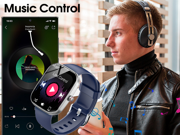 Smartwatch with music control interface displayed, next to person wearing over-ear headphones. Smartphone app interface visible in background.