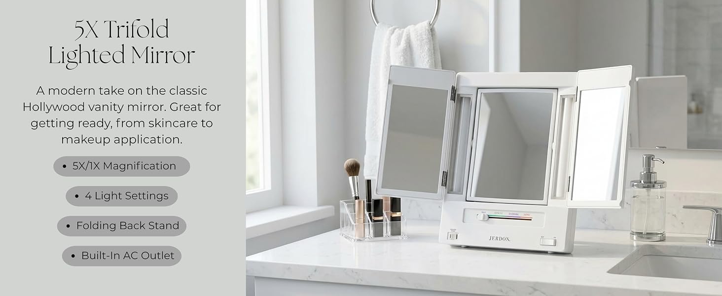 Lighted 5X Trifold lighted makeup miror vanity bathroom bedroom