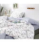 LEMIROE Vintage 100% Cotton Duvet Cover Queen Size 3PC - Soft Blue Floral Vines on White with Mis...