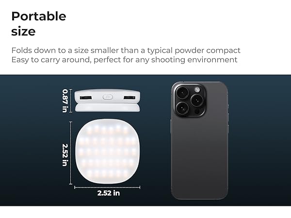 Text reads 'Portable size' and 'Folds down to a size smaller than a typical powder compact'. Technical diagram showing device measurements of 2.25 in.