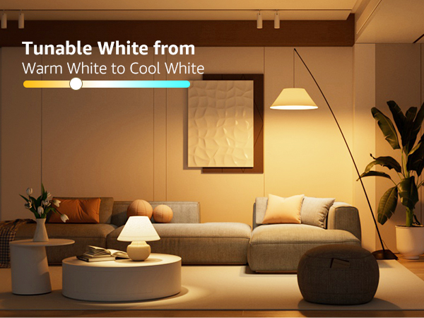 Living room lighting demonstration showing tunable white light adjustment from warm to cool white, featuring modern furniture and ambient lighting.