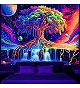Simpkeely Tree of Life Blacklight Tapestry UV Reactive Colorful Waterfall Tapestry Galaxy Space P...