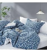 LEMIROE 100% Cotton Blue Floral Duvet Cover Queen Size 3PC - White Leaves with Delicate Soft Gree...