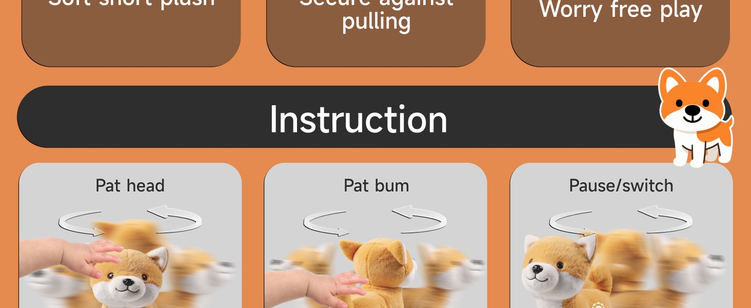 Text reads 'playing' and 'Worry free play' followed by 'Instruction'. Three panel illustration showing 'Pat head', 'Pat bum', and 'Pause/switch' with cartoon animal character.