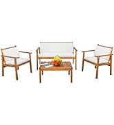 Devoko Patio Furniture 4 Piece Acacia Wood Outdoor Conversation Sofa Set with Table &amp; Cushions Po...