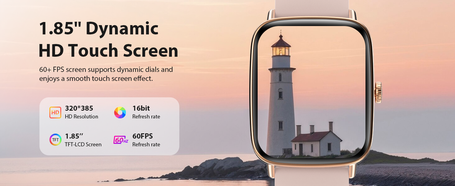 Rose gold smart watch for women with a 1.85-inch HD touchscreen and 320 × 385 resolution