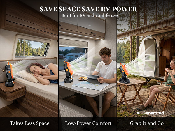 Made for RV life, this portable fan for tent offers space-saving, low-power cooling