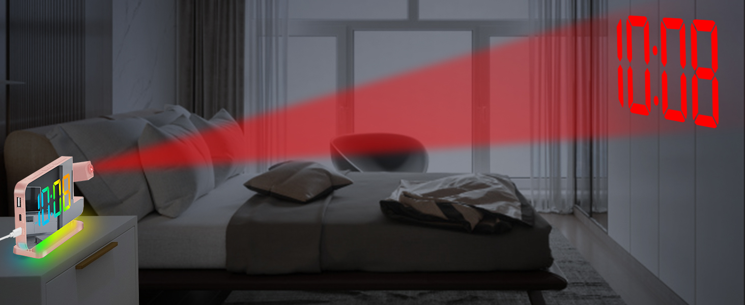 Projection Alarm Clock,7.4 in LED Mirror Digital Clocks Projection on Ceiling Wall,RGB Night Light