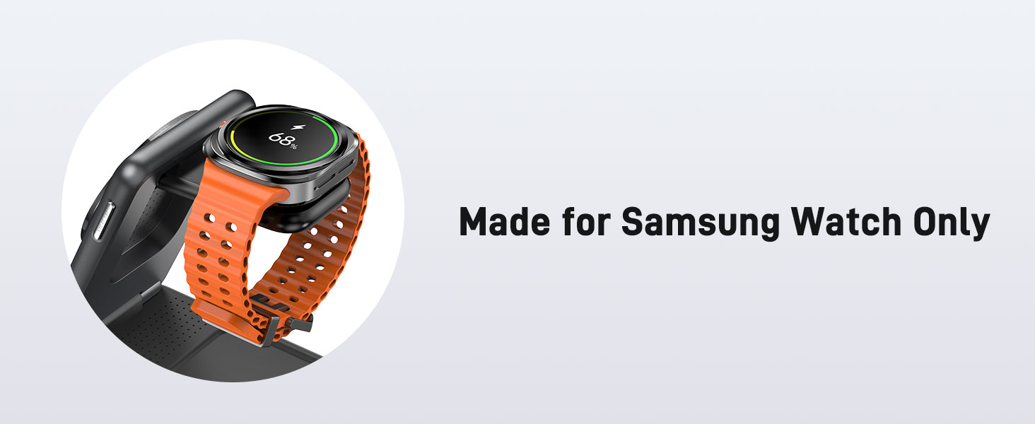 Orange and black silicone watch band marked specifically for Samsung Watch, shown at an angle against white background.