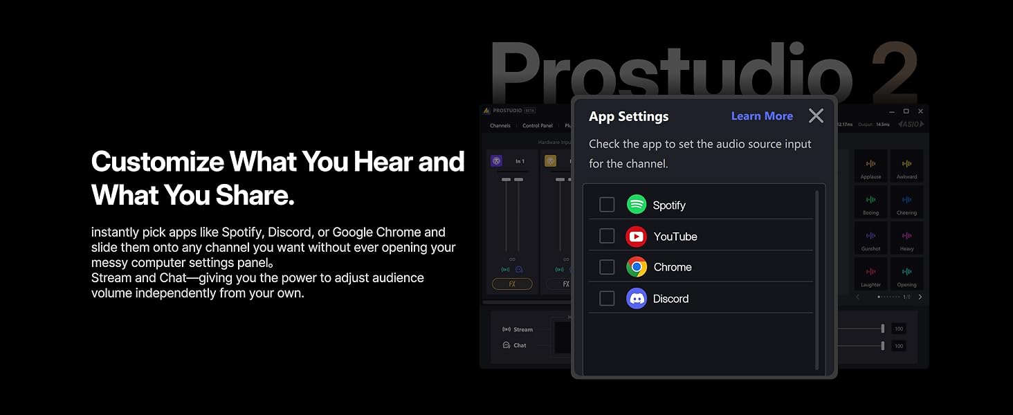 Prostudio 2 mixing software customize audio channel assign app audio source Spotify