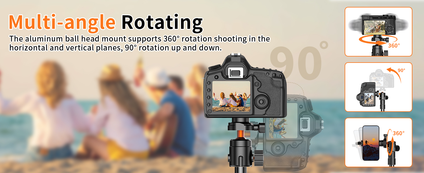 Text reads: 'Multi-angle Rotating'. Product demonstration showing camera mount with rotating capability in multiple positions.