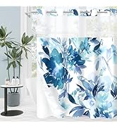 Litabel No Hook Blue Watercolor Floral Shower Curtain, Plant Leaves with Flower Hookless Shower C...