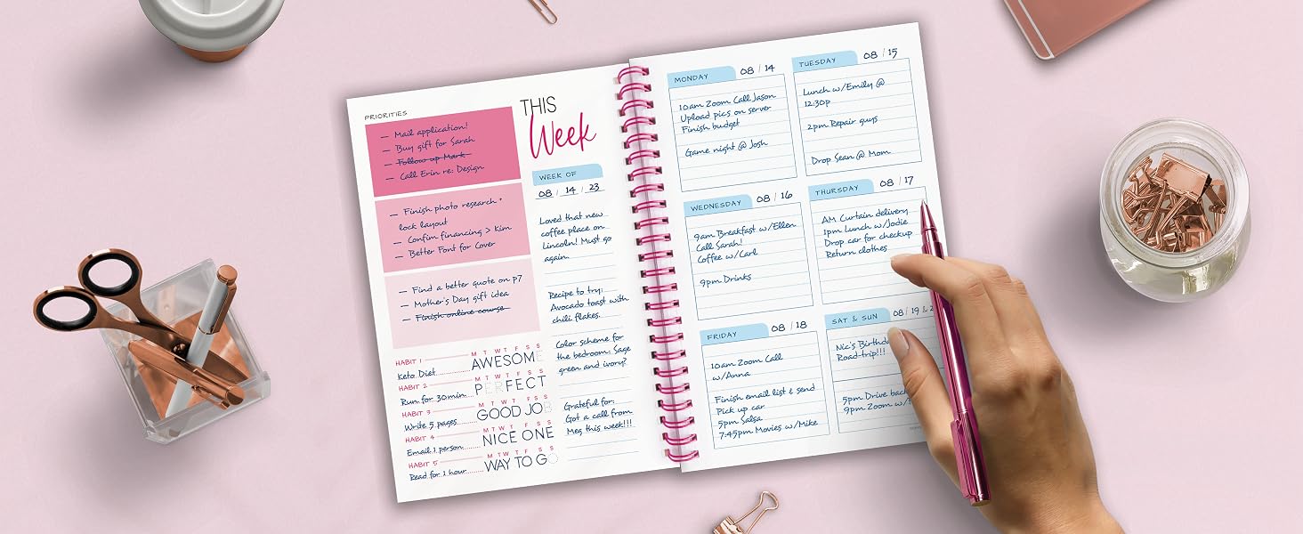All-in-one planner: color-based To Do List, Smart Habit Tracker and a 7-day undated daily planner.