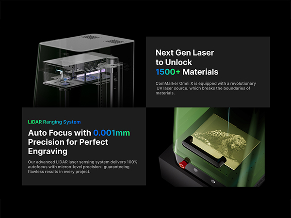 Text reads 'Next Gen Laser' and 'Auto Focus with TrueDepth'. Technical demonstration screens showing laser engraving technology features and capabilities.