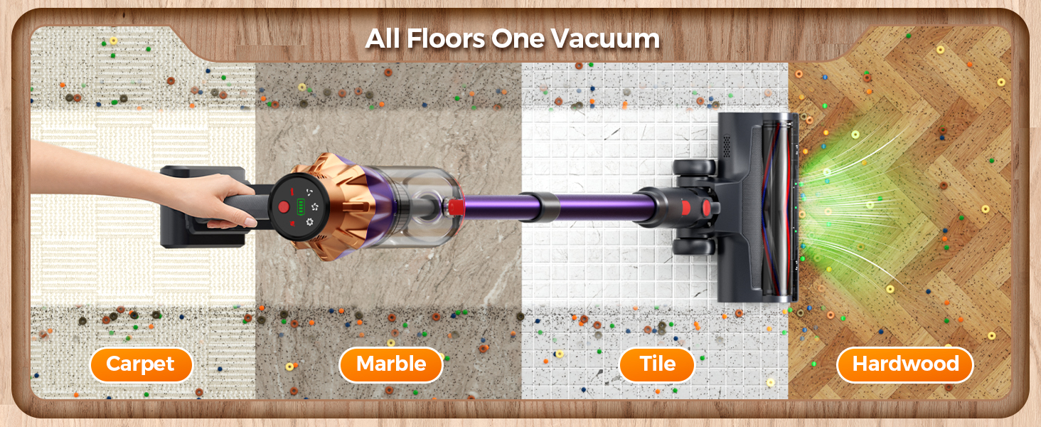All floors one vacuum: strong suction cleans carpet, marble, tile and hardwood effortlessly