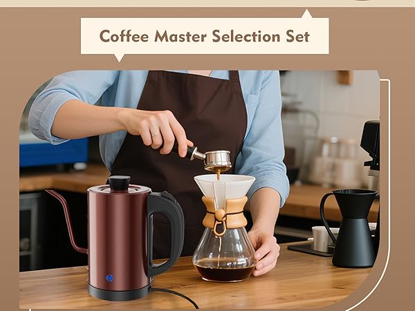 Text reads 'Coffee Master Selection Set'. Multiple product photos showing pour-over coffee brewing setup with brown ceramic dripper and glass carafe. Demonstrates coffee brewing process steps.
