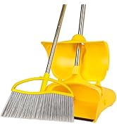 Long Handle Heavy Duty Broom and Dustpan Set, Outdoor and Commercial Upright Dustpan and Brush fo...