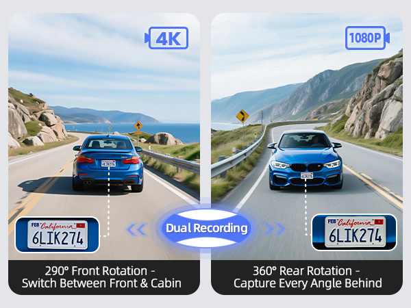 Text reads '4K', '1080P', 'Dual Recording', '290° Front Rotation', '360° Rear Rotation'. Split screen showing blue vehicle on coastal road from two angles.