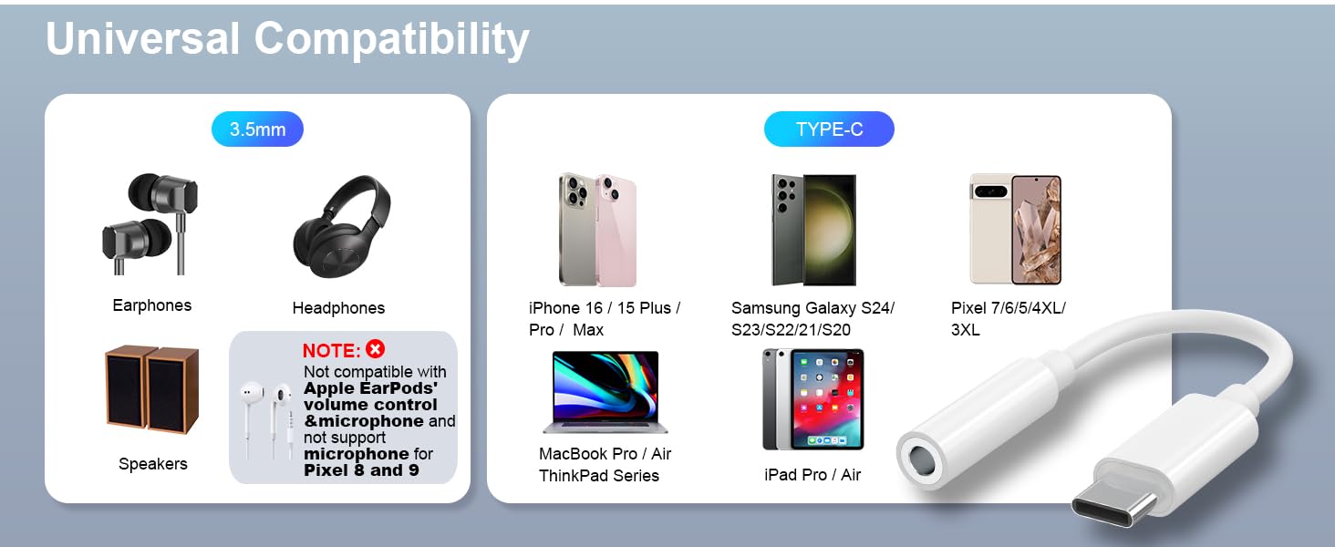 USB C to 3.5mm Headphone Jack Adapter USB C to Aux Audio Dongle Cable Cord