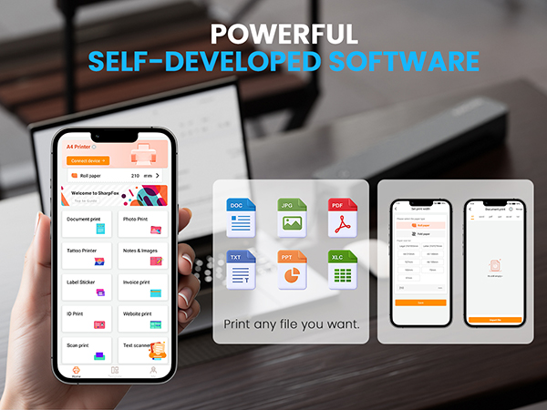 Text reads 'POWERFUL SELF-DEVELOPED SOFTWARE'. Software interface screenshots showing charging settings and customization options on mobile devices.
