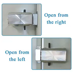 Two views of a metal door hinge mechanism, showing open positions from left and right sides. Rectangular shape with silver finish.