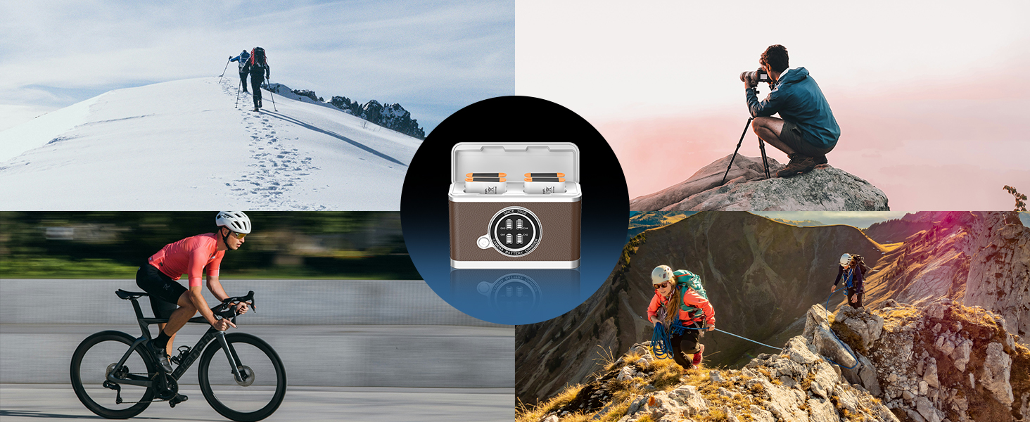 Collection of outdoor activity photos showing people hiking and cycling in scenic natural landscapes.