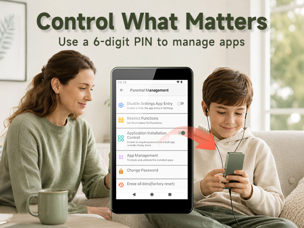 Parent and child using a sage green G4 with app controls protected by a 6-digit PIN.