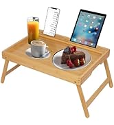 Bed Tray Table with Handles Folding Legs, Bamboo Breakfast Food Tray with Media Slot, Use As Plat...