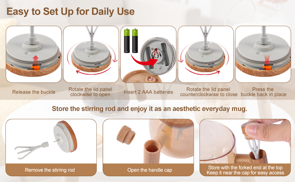 Self stirring mug with easy battery installation and detachable parts