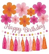 Roetyce Flower Birthday Decorations, Pink Happy Birthday Banner Paper Fan Tassel for Women, Orang...