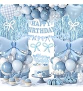 Dusty Blue Bow Birthday Decorations, Coquette Bow Blue White and Clear Balloons with Happy Birthd...