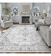 HUGEAR Area Rug 8x10 Vintage Grey Machine Washable Living Room Rugs Thin Neutral Floral Vacuumabl...