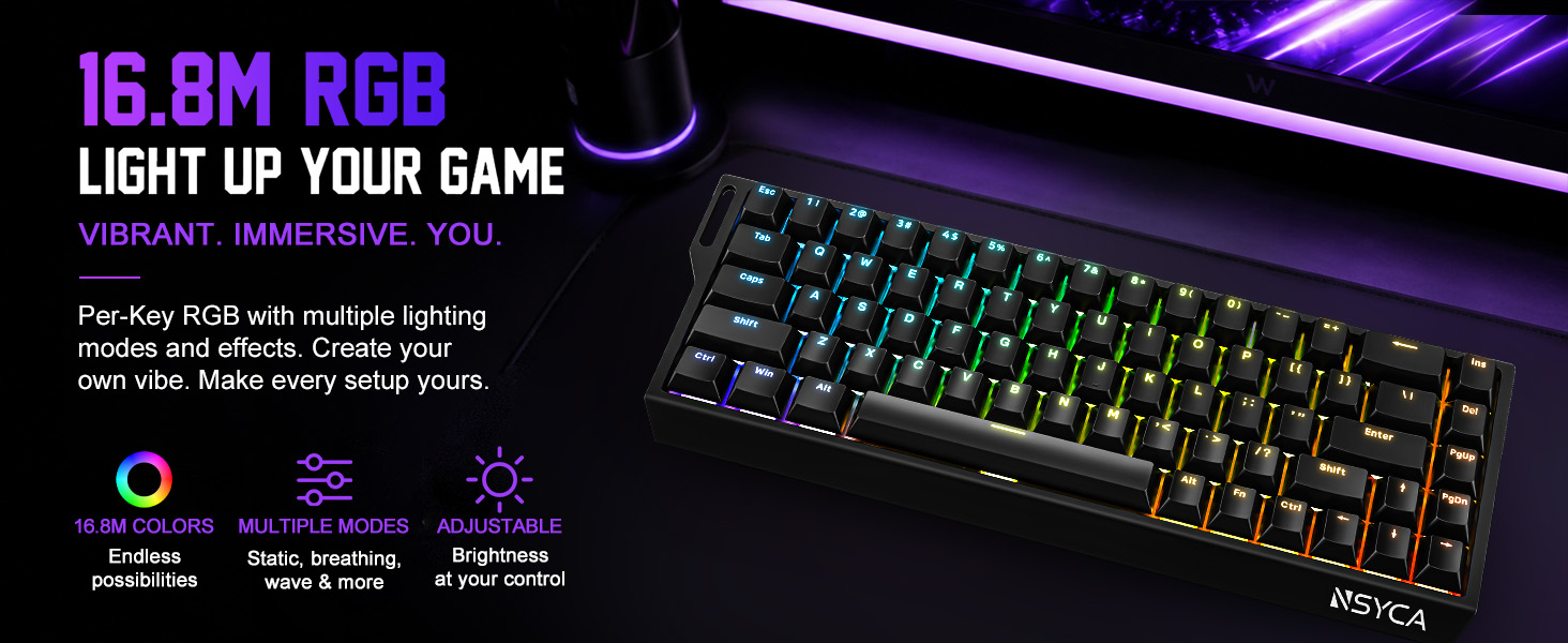 Compact 60% RGB gaming keyboard 16.8M customizable colors 14 backlit modes for PC gamer