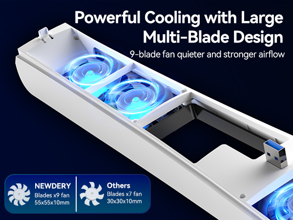 Text reads 'Powerful Cooling with Large', 'Multi-Blade Design'. Product images showing cooling system with blue LED lighting and multiple fan blades.