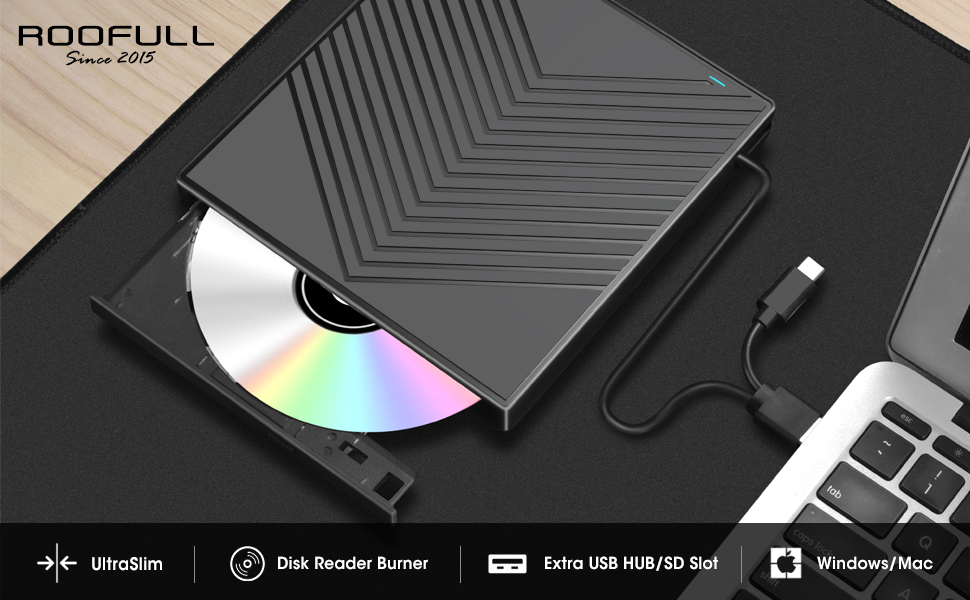 ROOFULL External CD DVD Drive USB 3.0 & USB-C 4 USB Port and SD micro-SD Card Slot for Windows