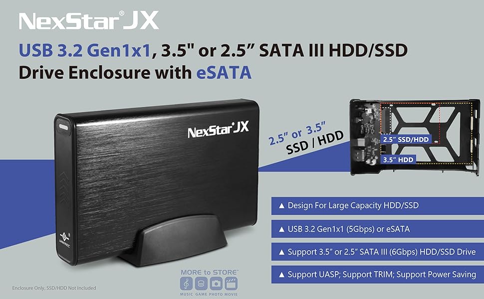 USB 3.2 Gen1x1, 3.5" or 2.5” SATA III HDD/SSD Drive Enclosure with eSATA