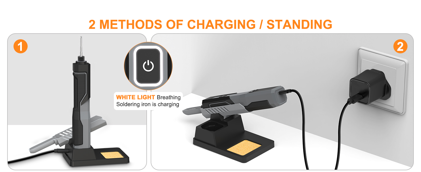 Text reads "2 METHODS OF CHARGING / STANDING". Four charging/standing options shown: vertical stand, charging case, desktop stand, and earbuds in holder.